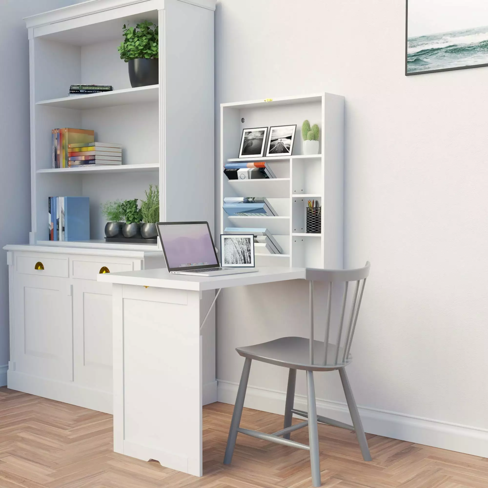 Jaxpety Wall Mounted Foldable Desk Convertible Space Saving Desk Book Storage White Home Office