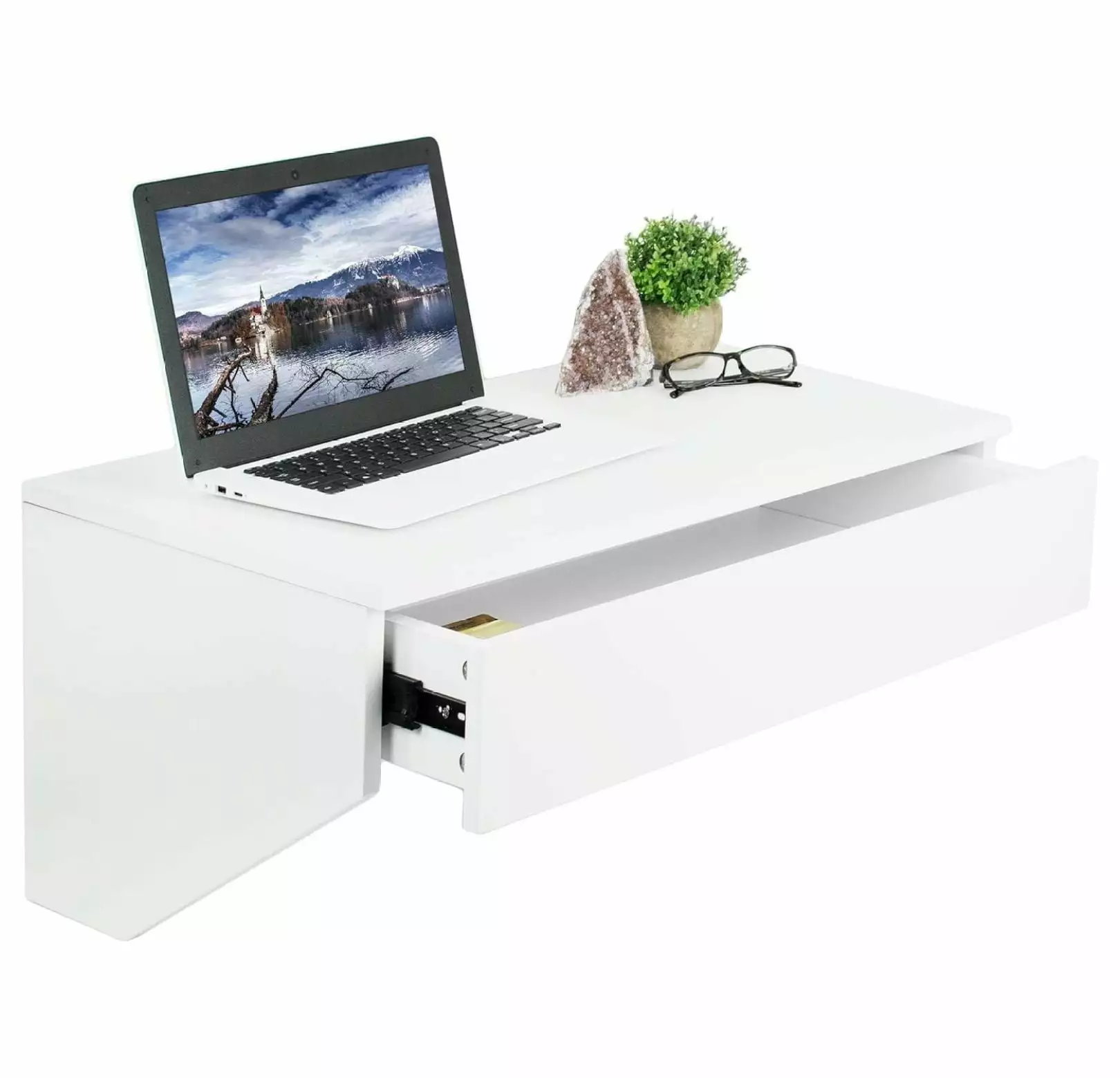 Killeryuki White Wall Mounted Desk 28 inch Surface and Pull Out Drawer Floating Wall Organizer Under Storage Workstation