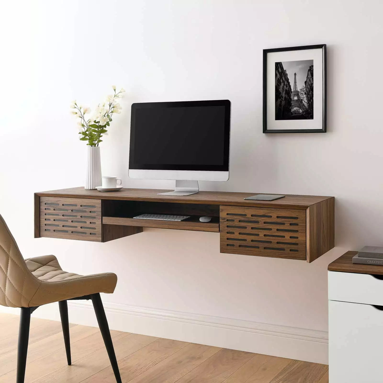 Modway Merit 60 Wall Mount Wood Office Desk Walnut Space Saving