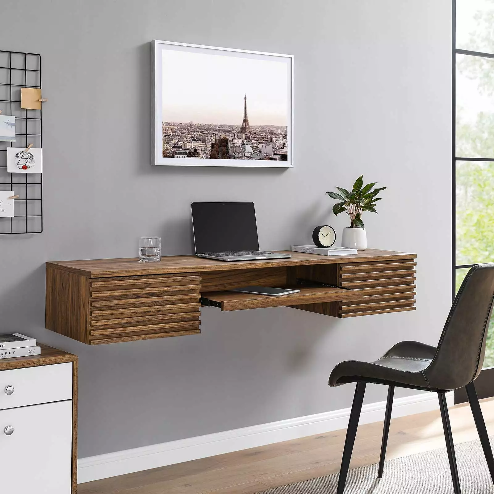 Modway Render Wall Mount Wood Office Desk Walnut
