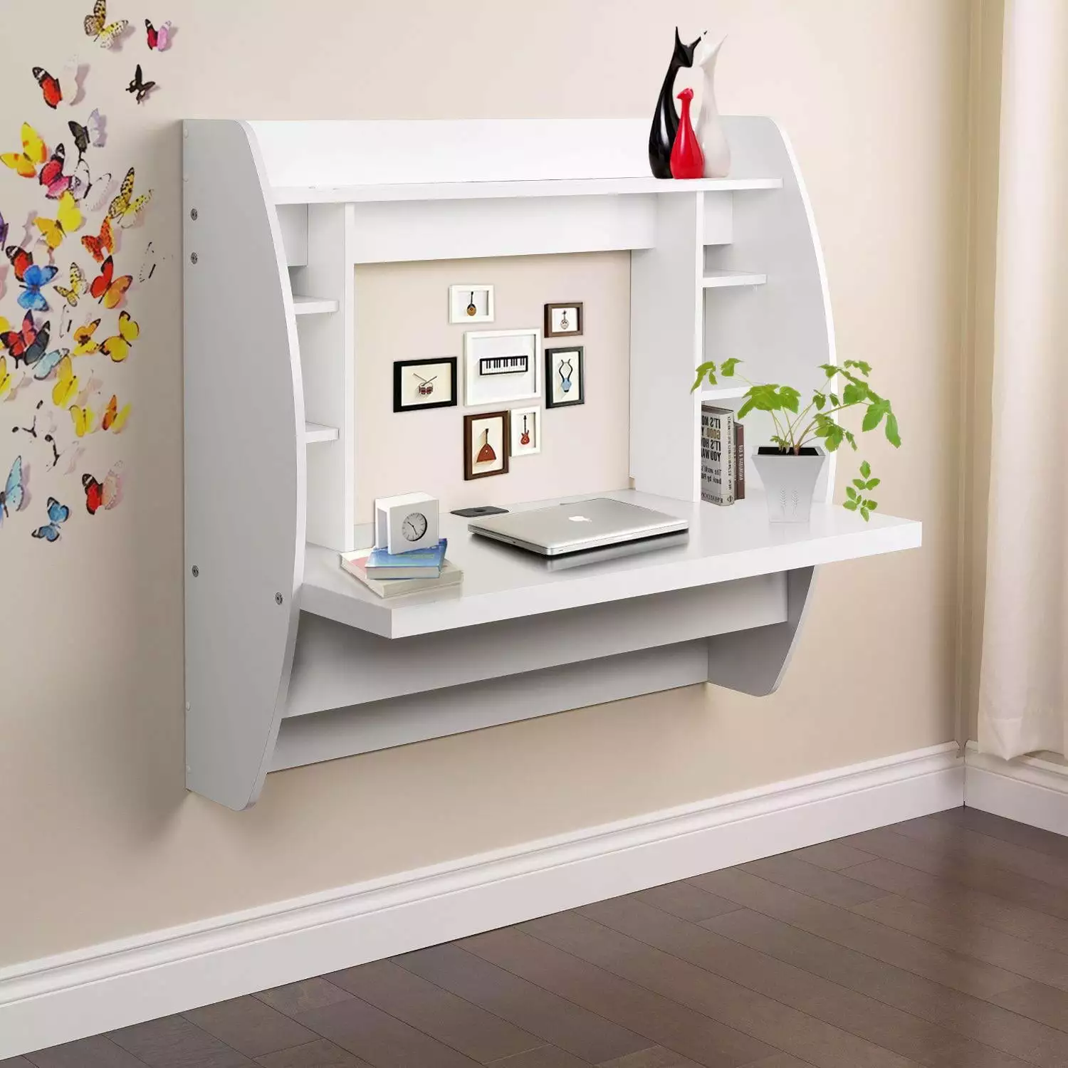 SamyoHome Wall Mount Computer Desk - Floating Storage Shelves Tray White