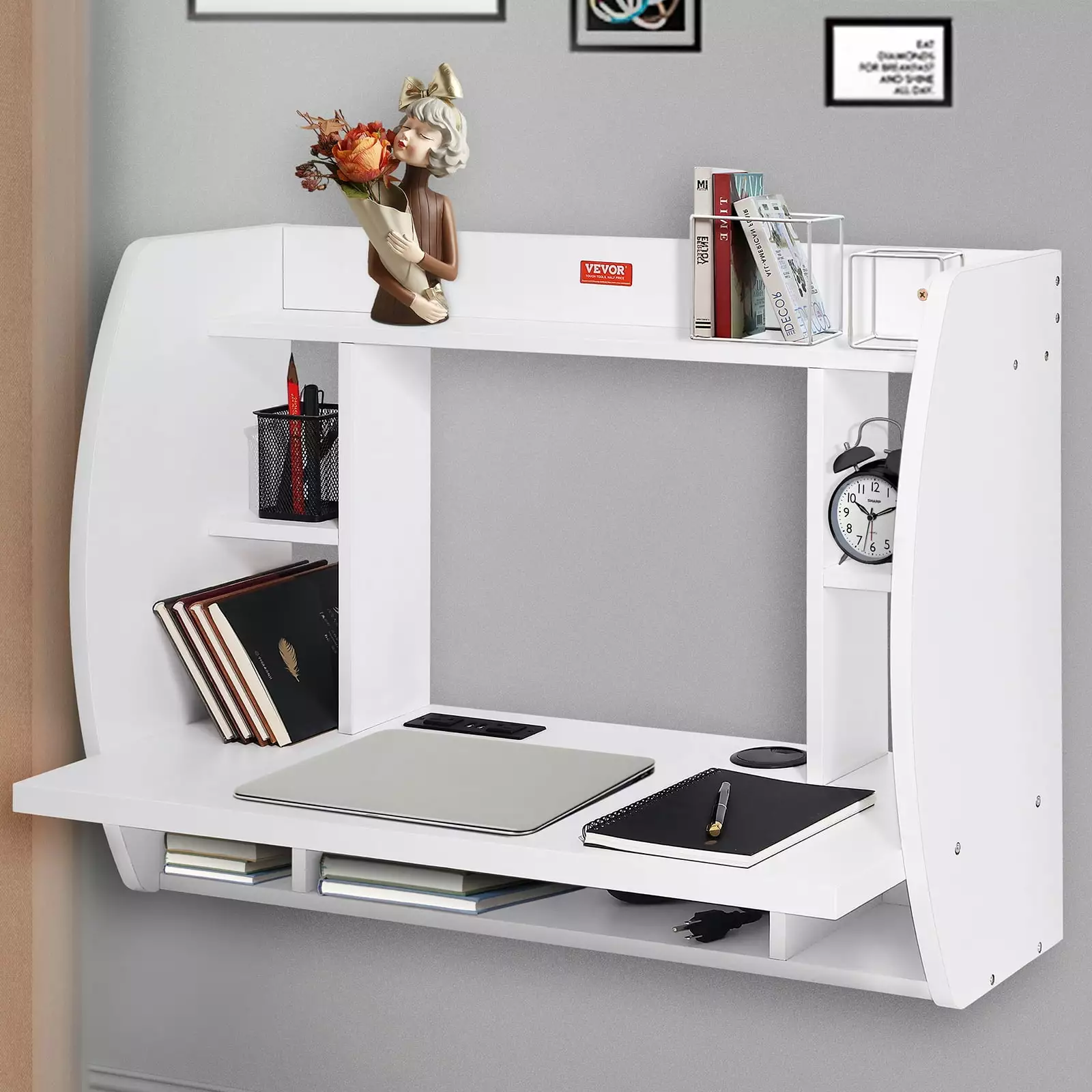 SKYSHALO Wall Mounted Floating Desk Wall Mount Computer Desk Power Socket White