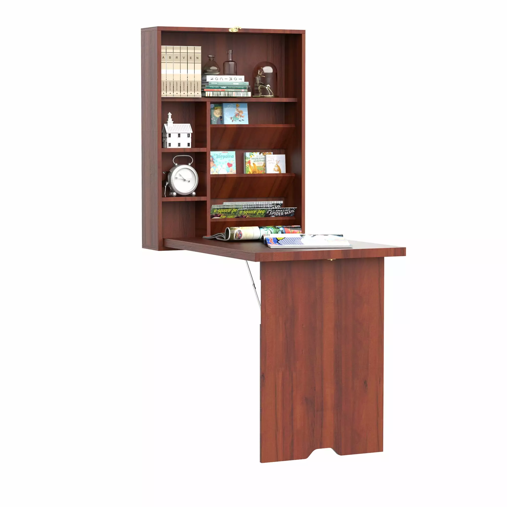 Wall Mounted Fold Out Convertible Desk Multi-Function Computer Table Floating Desk Shelves Mahogany SMHZ