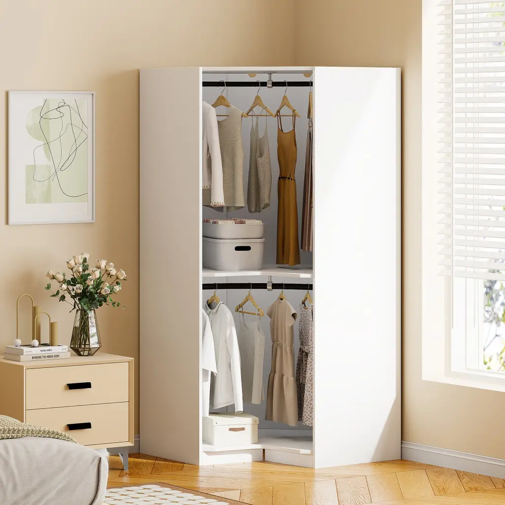 White Polygon Corner Wardrobe Particle Board Storage Cabinet lucky home