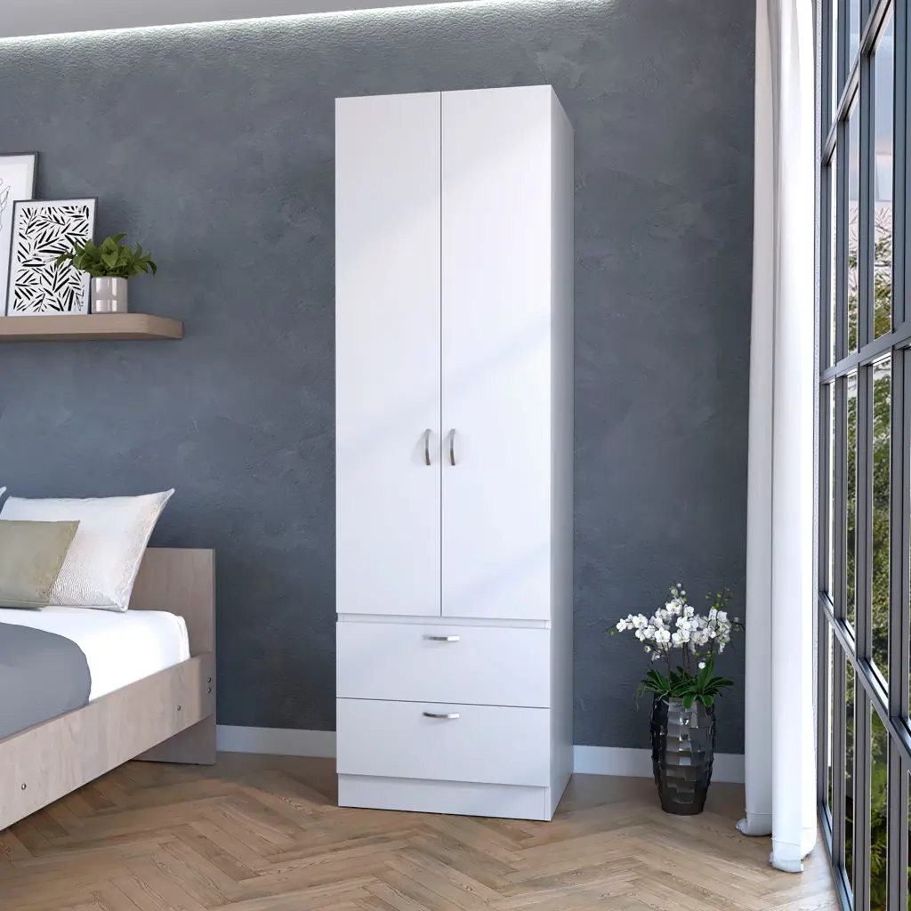 Tall Mayer Wardrobe Melamine Two Doors And Two Drawers White fm furniture