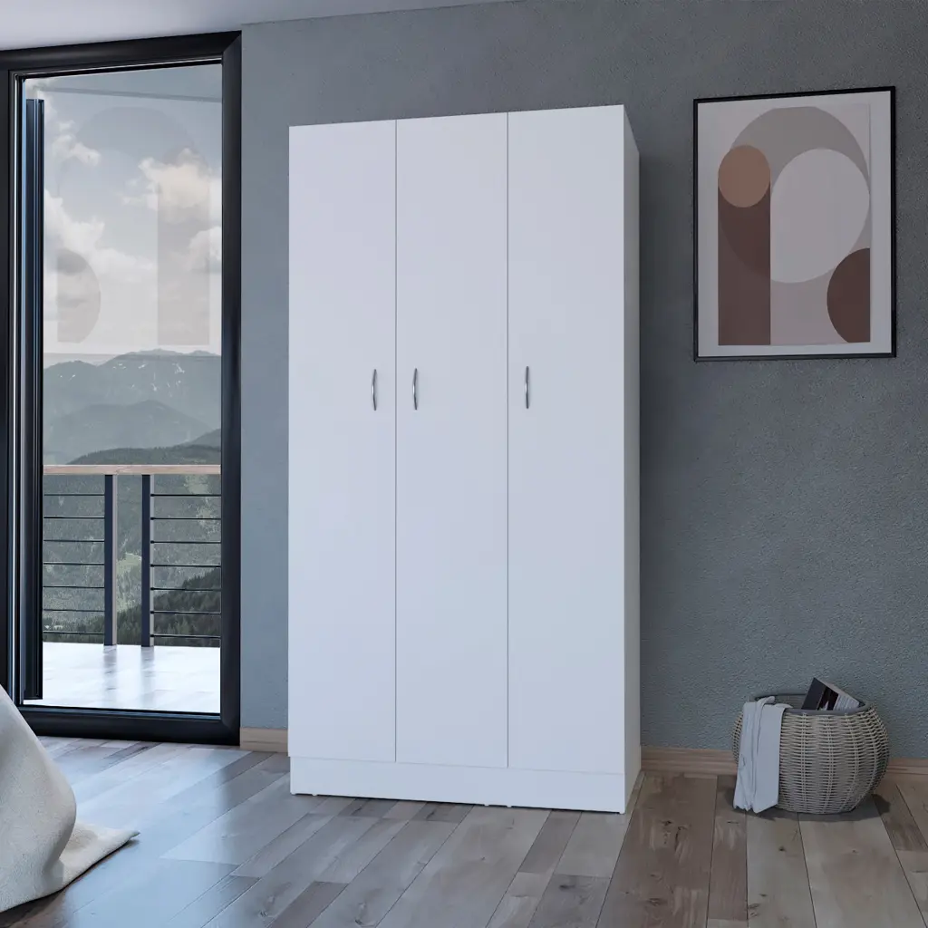 Augusta 3 Door Wardrobe Hanging Rod White Engineered Wood Closet furniture max