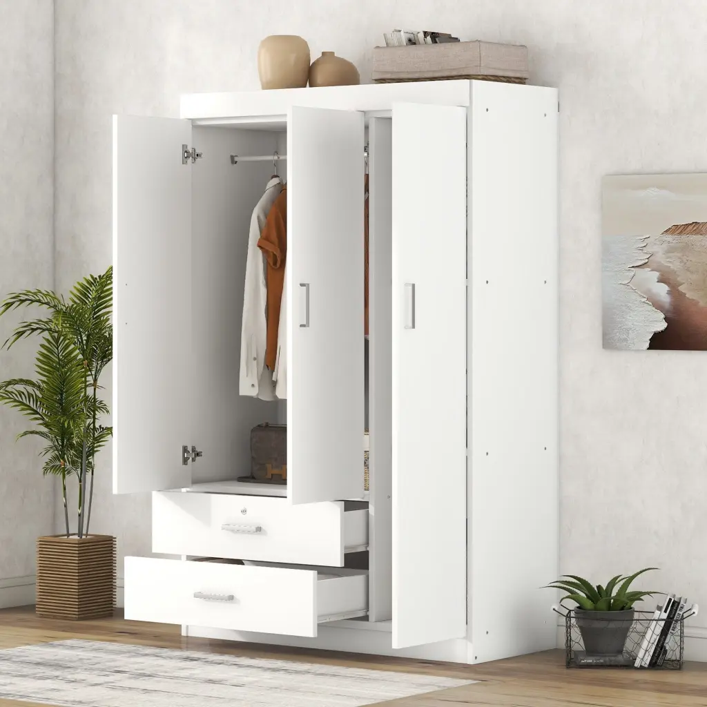 3 Door Wardrobe 2 Drawers White Hinged Doors White Shelf Bedroom Storage lucky furniture