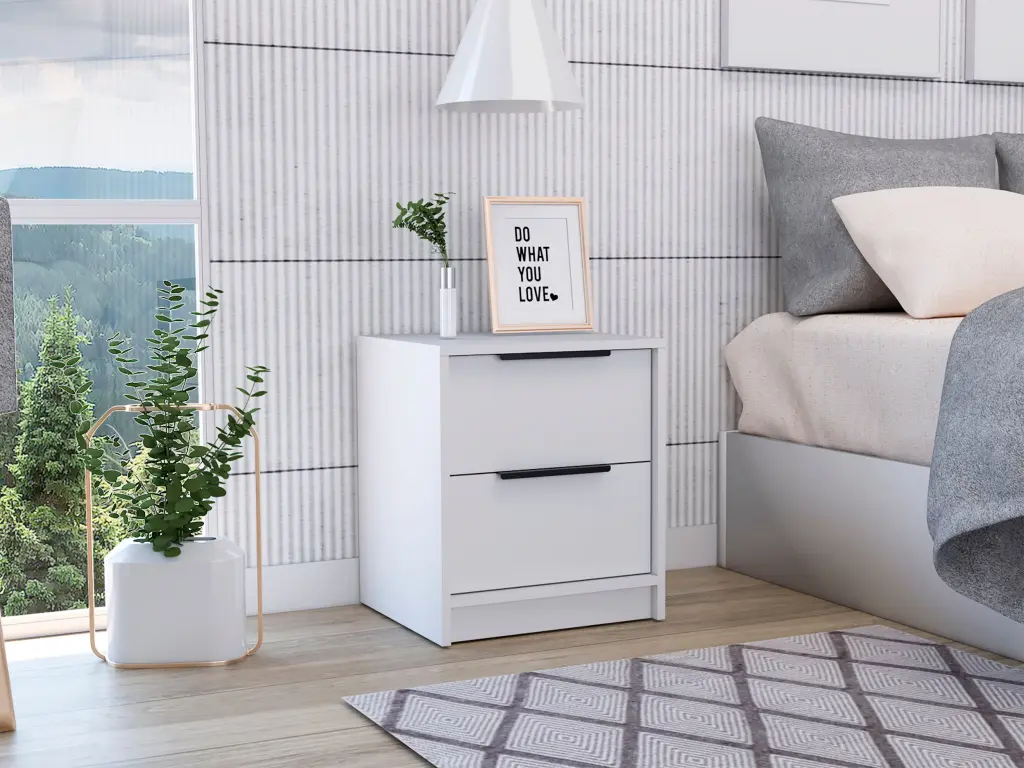 Nightstand Cervants Two Drawers and Metal Handle White Finish treevol furniture