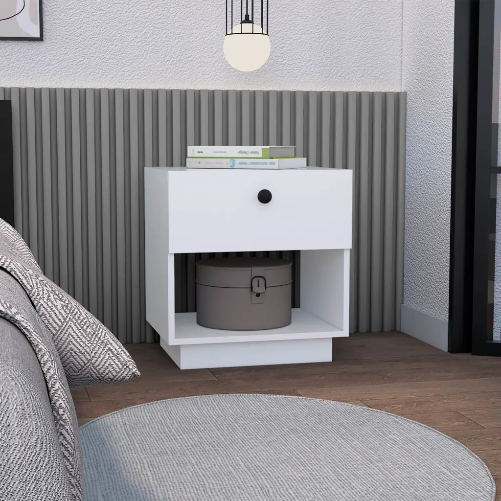 Paris 1 Drawer Nightstand Side Table Open Lower Shelf White tuhome