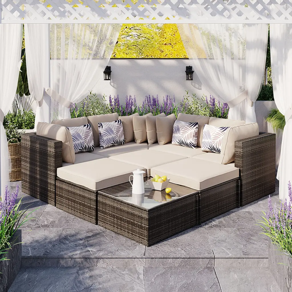 8 Piece Outdoor Wicker Sofa Set - Rattan Sofa Lounger Colorful Pillows Patio go