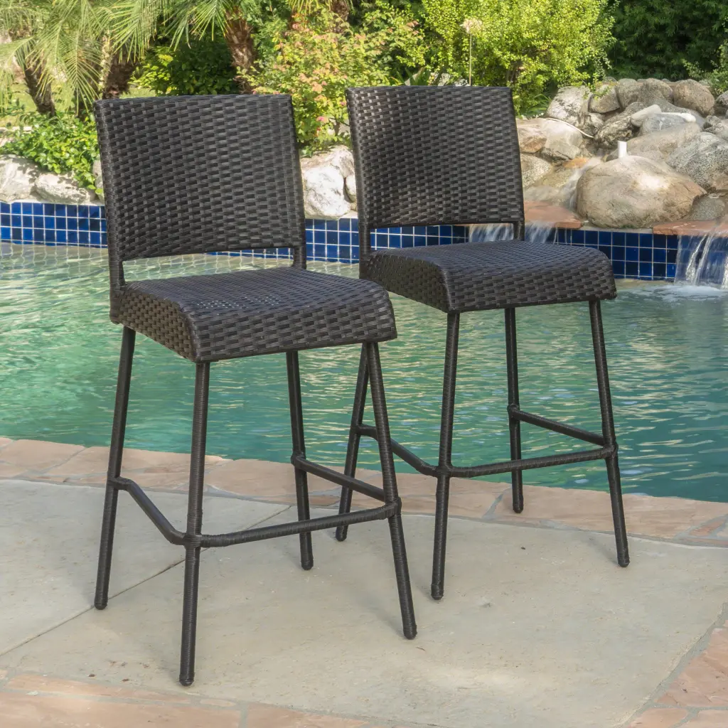 Outdoor Dark Brown Wicker Barstools Set 2 Garden Patio nh-bc furniturings