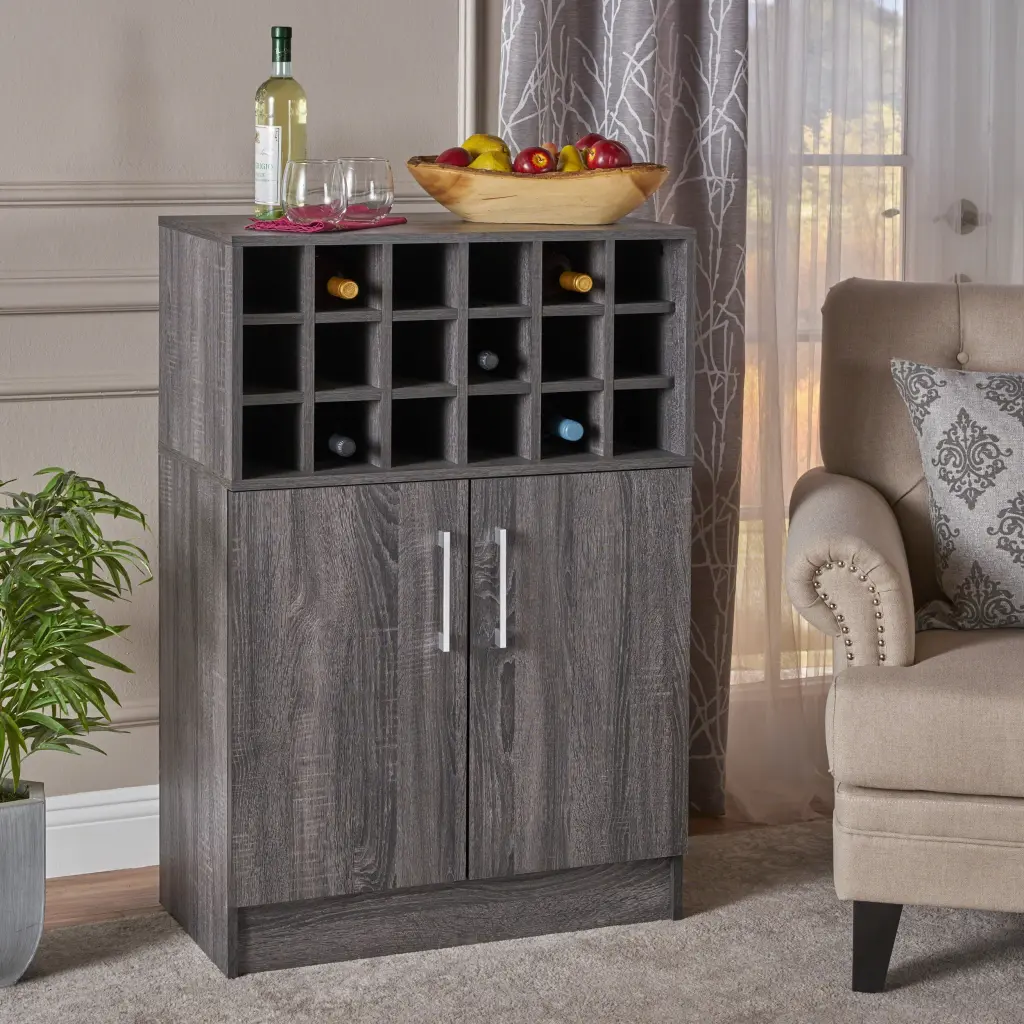 Wine & Bar Cabinet Grey Particle Board Storage Liquor and Glassware nh-purenest