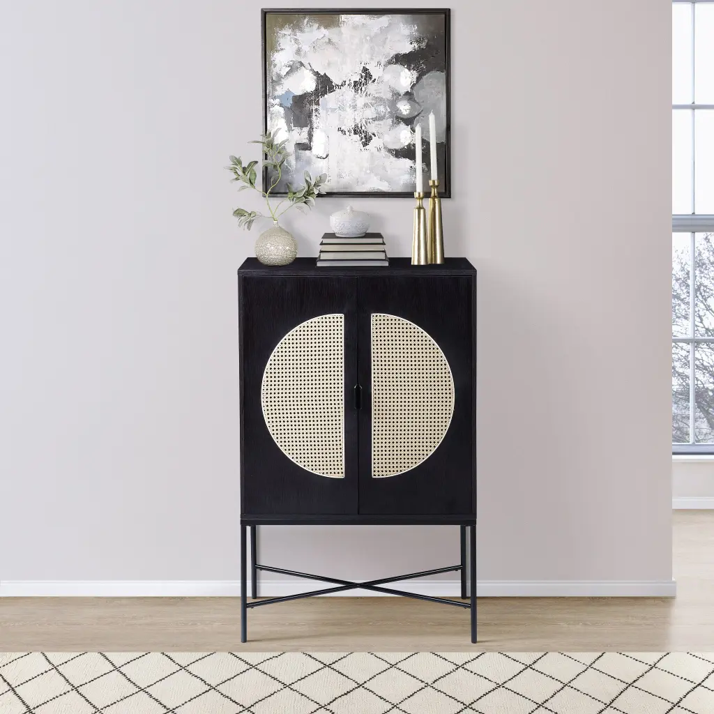 Black 2 Door Wine Cabinet Rattan Insert Modern Wood Kitchen Wine Rack furniture max