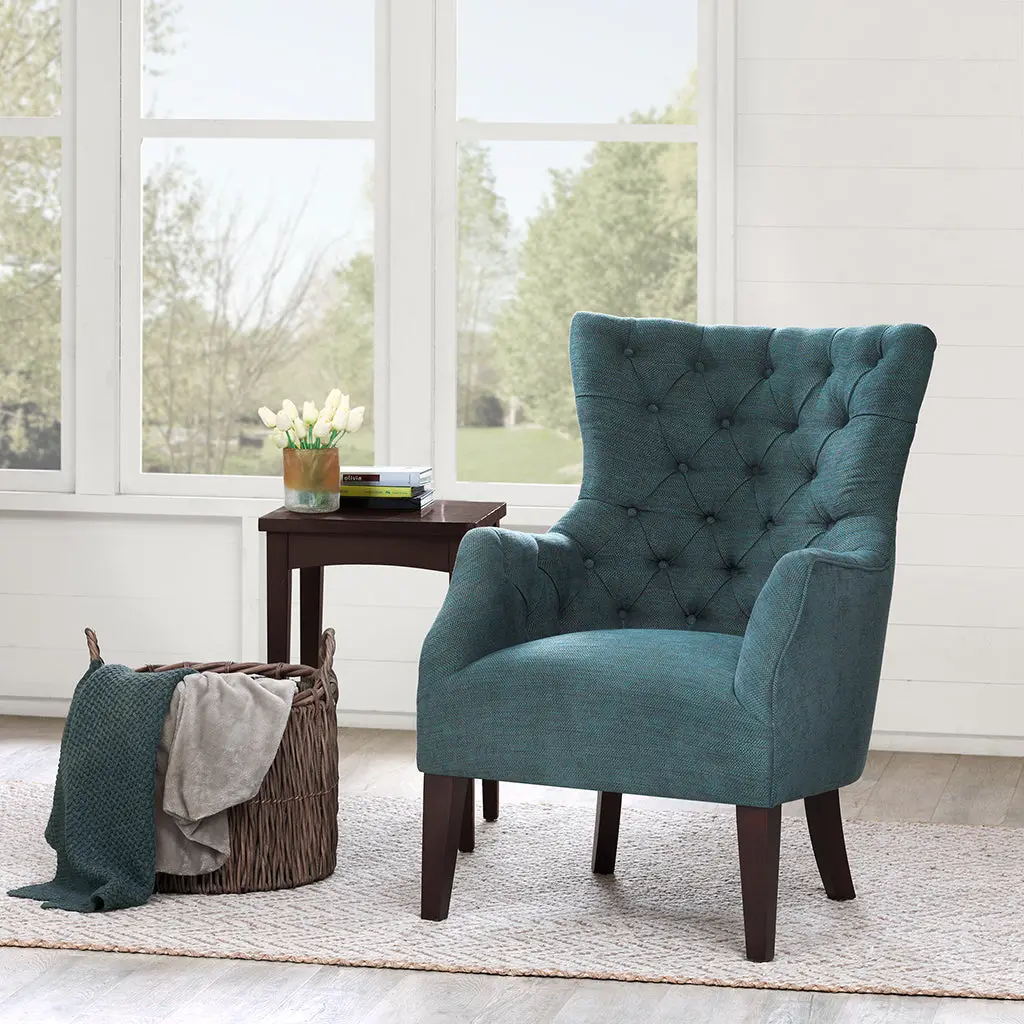 Hannah Button Tufted Wing Chair Dark Green Solid Wood Frame jla