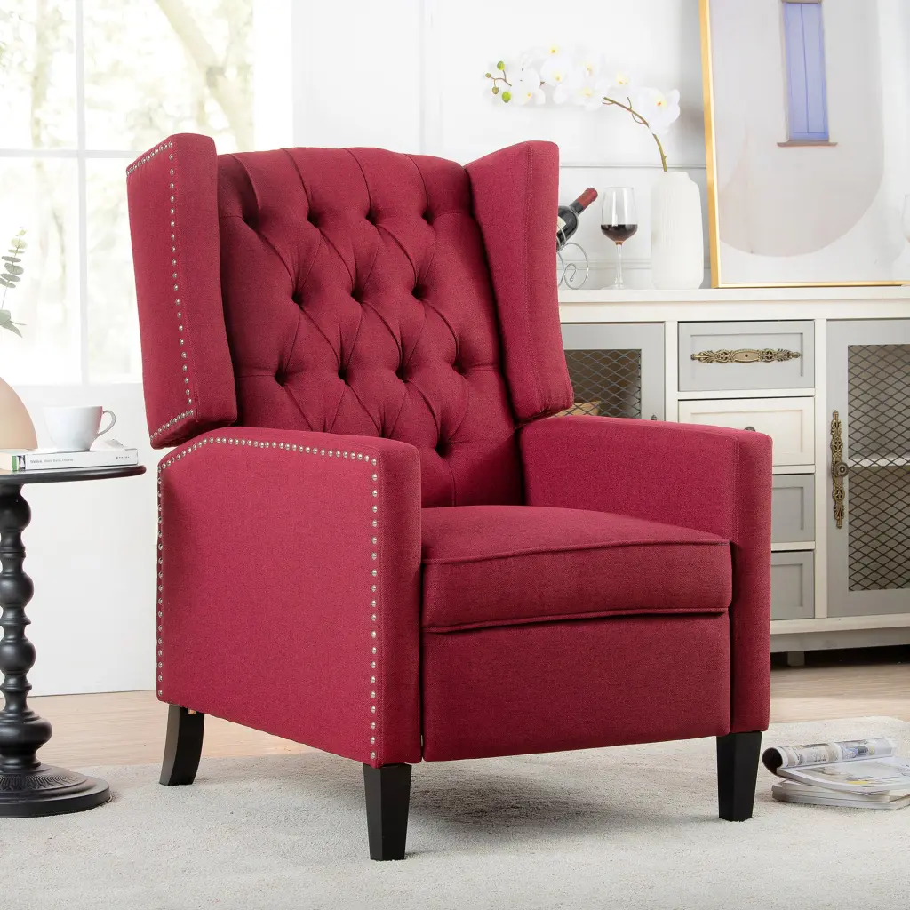 27.16 Inch Wide Manual Wing Chair Recliner Wine Red Fabric Living Room rnb