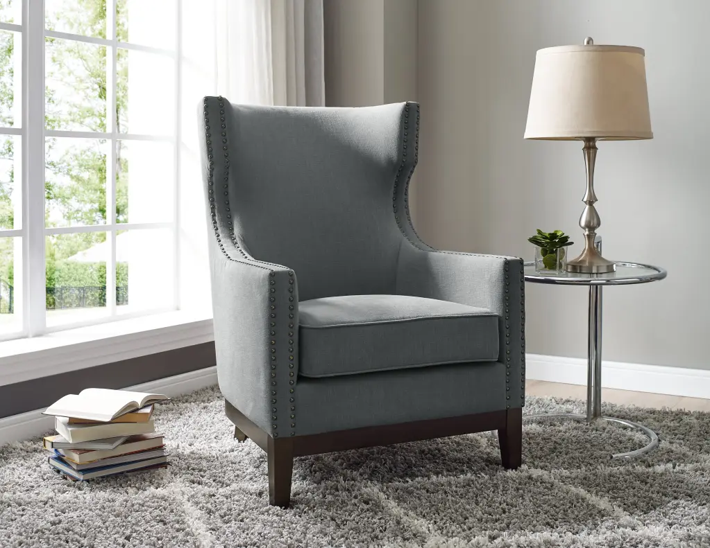 Roswell Linen Wingback Chair Dark Gray Faux Leather Upholstery steve silver furniture