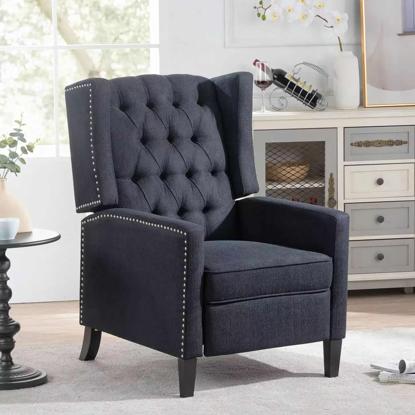 Elegant Black Fabric Manual Wing Chair Recliner Adjustable Footrest High Back Design Solid Wood Frame HATNOKIL