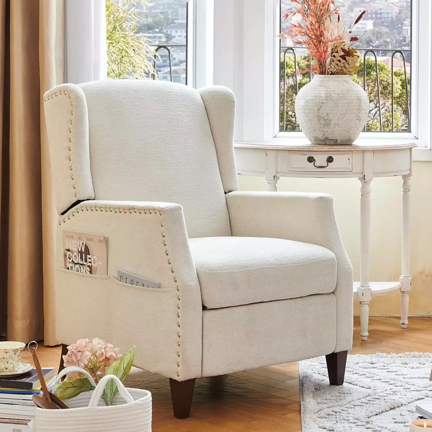 HETAO Wingback Pushback Recliner Chair Storage Pocket Upholstered Fabric