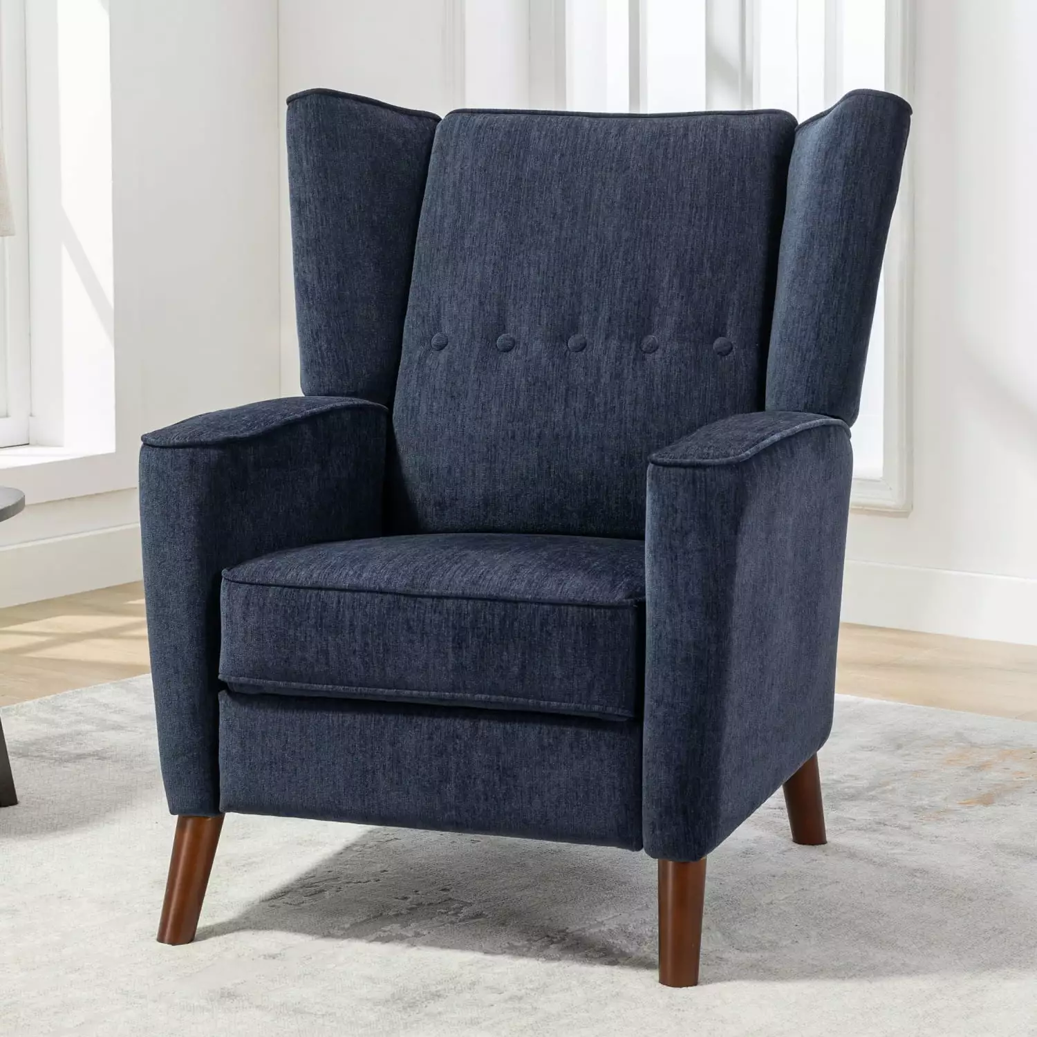 Miekor Navy Blue Mid Century Chenille Wingback Recliner Chair Solid Wood Legs