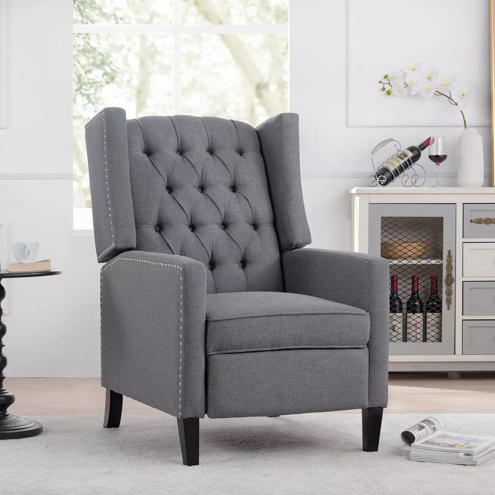 Chic Grey Manual Wing Chair Recliner Soft Fabric High Back Comfort Solid Wood Frame Ponnky
