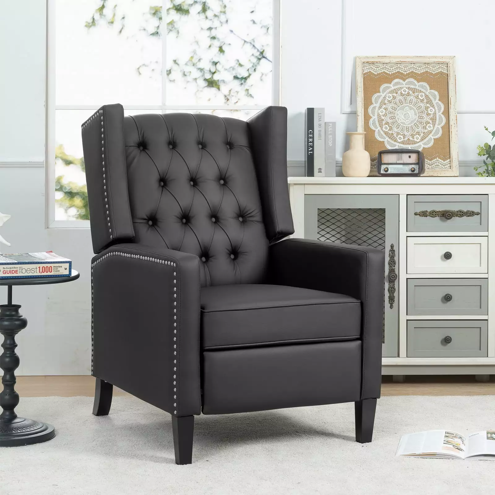 Black Manual Wing Chair Recliner PU Leather Solid Wood Frame Spring Support High Backrest Wodine