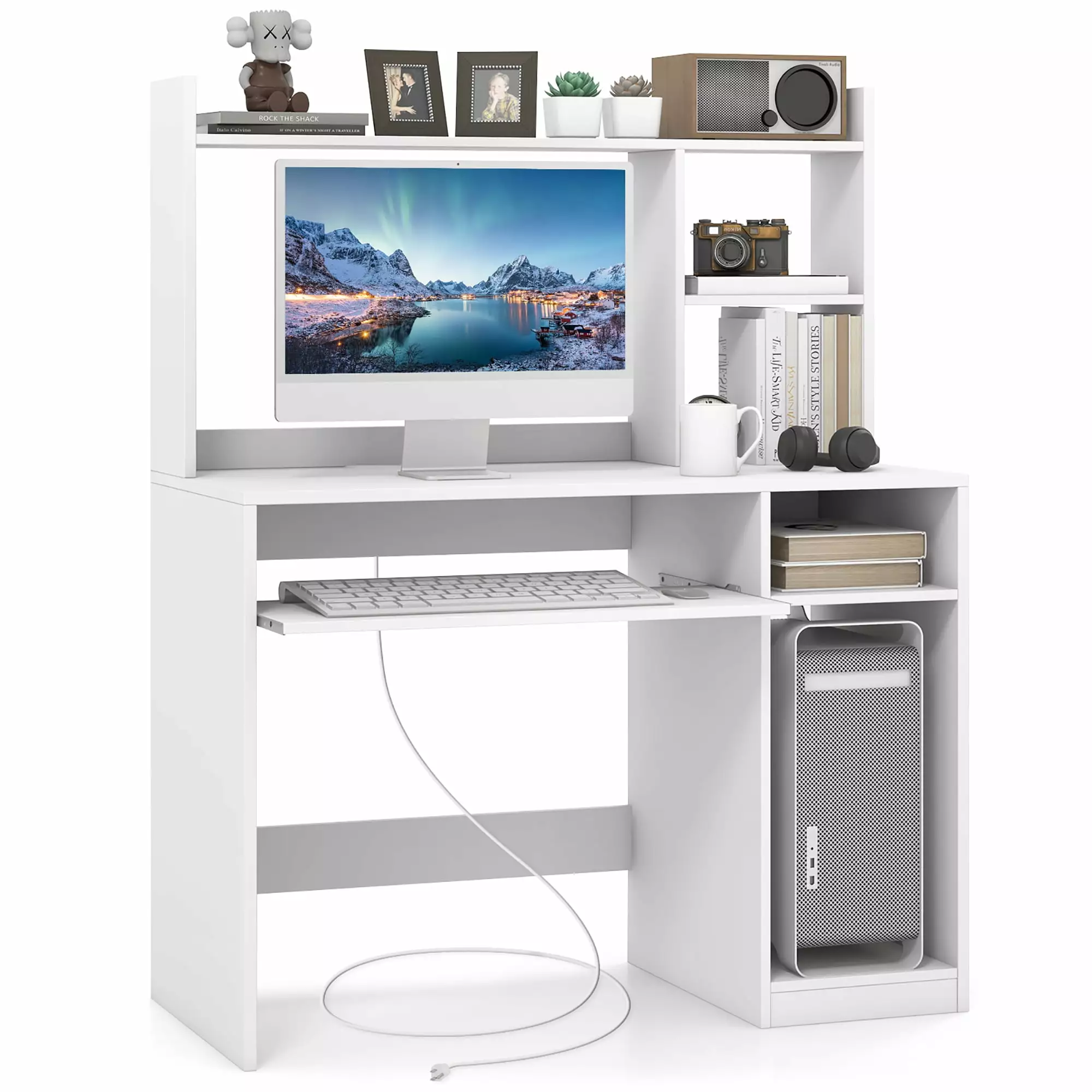 Gymax Computer Desk Built Charge Station Wooden Writing Desk Storage Hutch Office Workstation