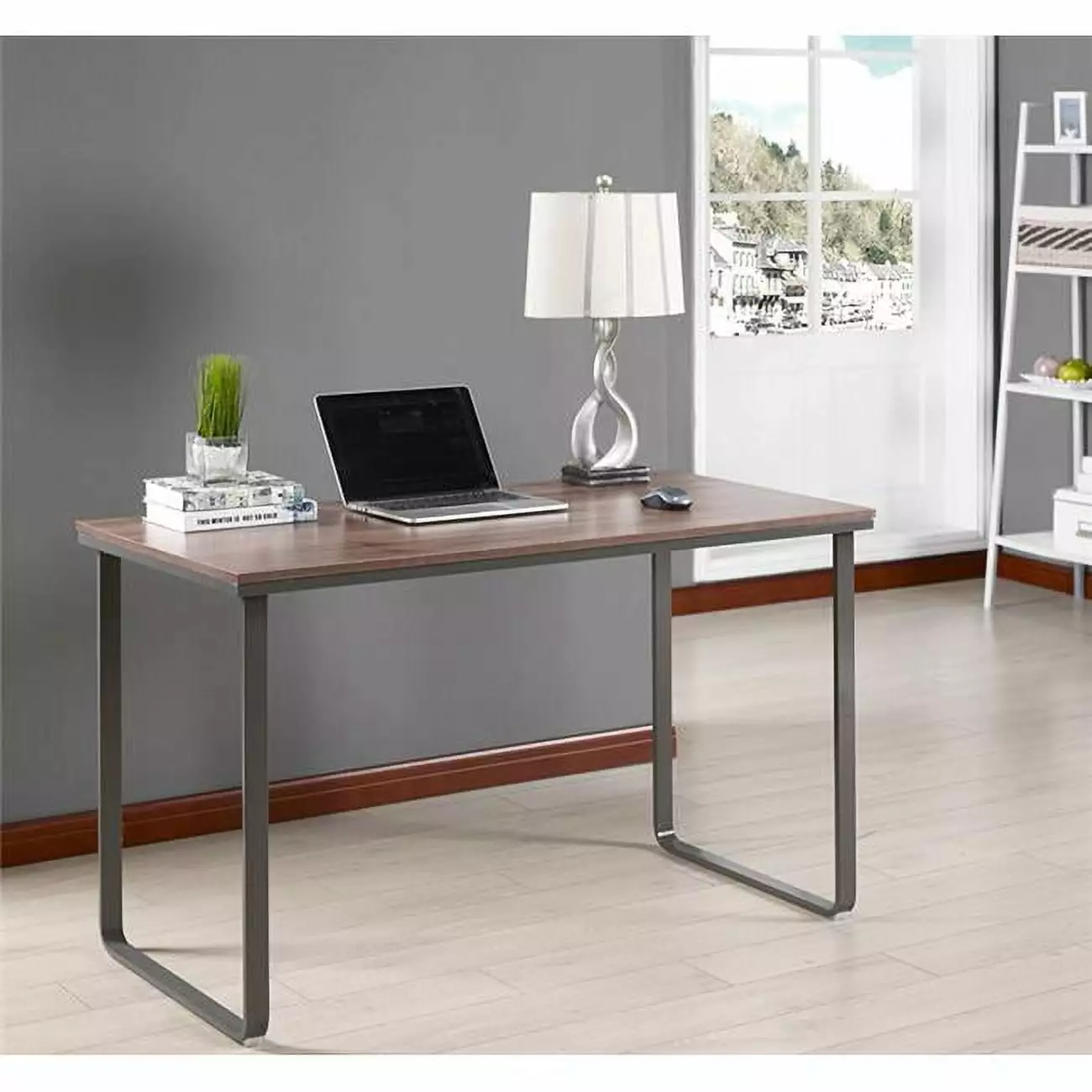 KB HO2597 59 x 47 Inch Wood and Metal Desk Brown and Gray K&B