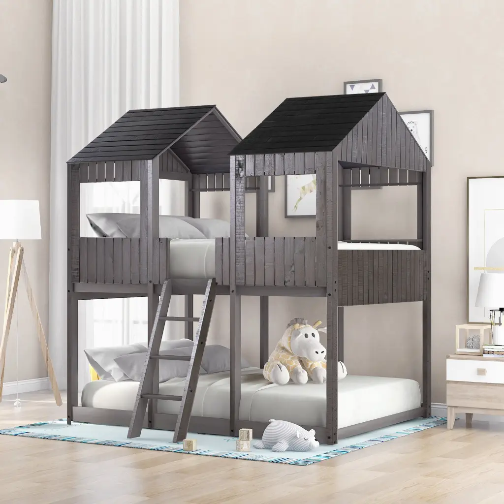 Full Over Full Wood Bunk Bed Roof Window Guardrail and Ladder lucky furniture
