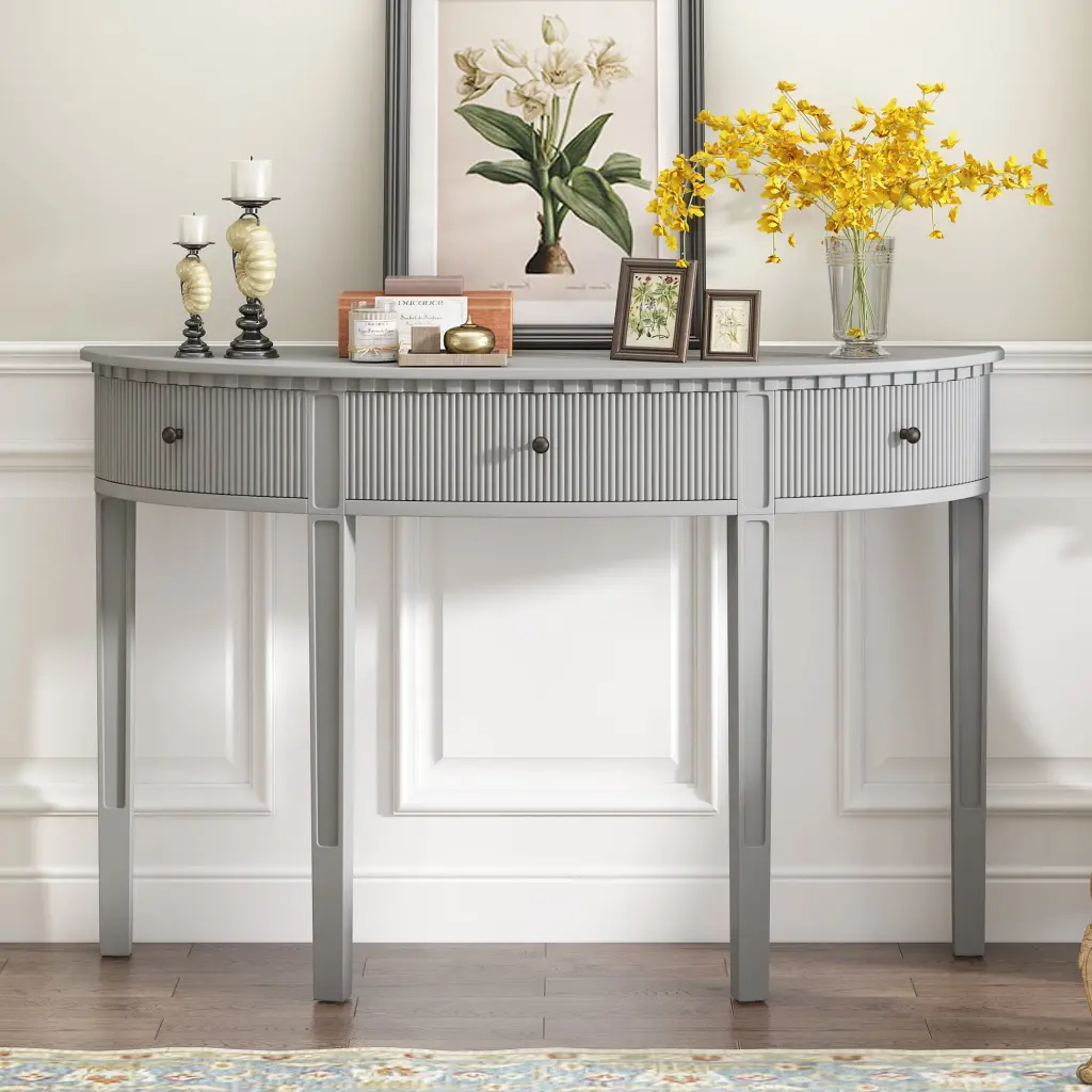 Pine Veneer Console Table Vertical Stripe Design u_style