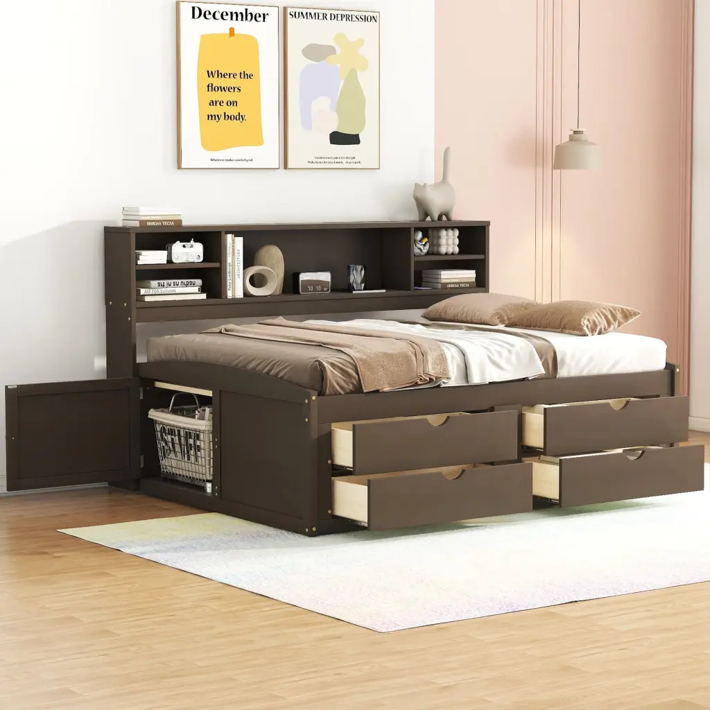 Full Size Wood Daybed 2 Bedside Cabinets and 4 Drawers lucky furniture