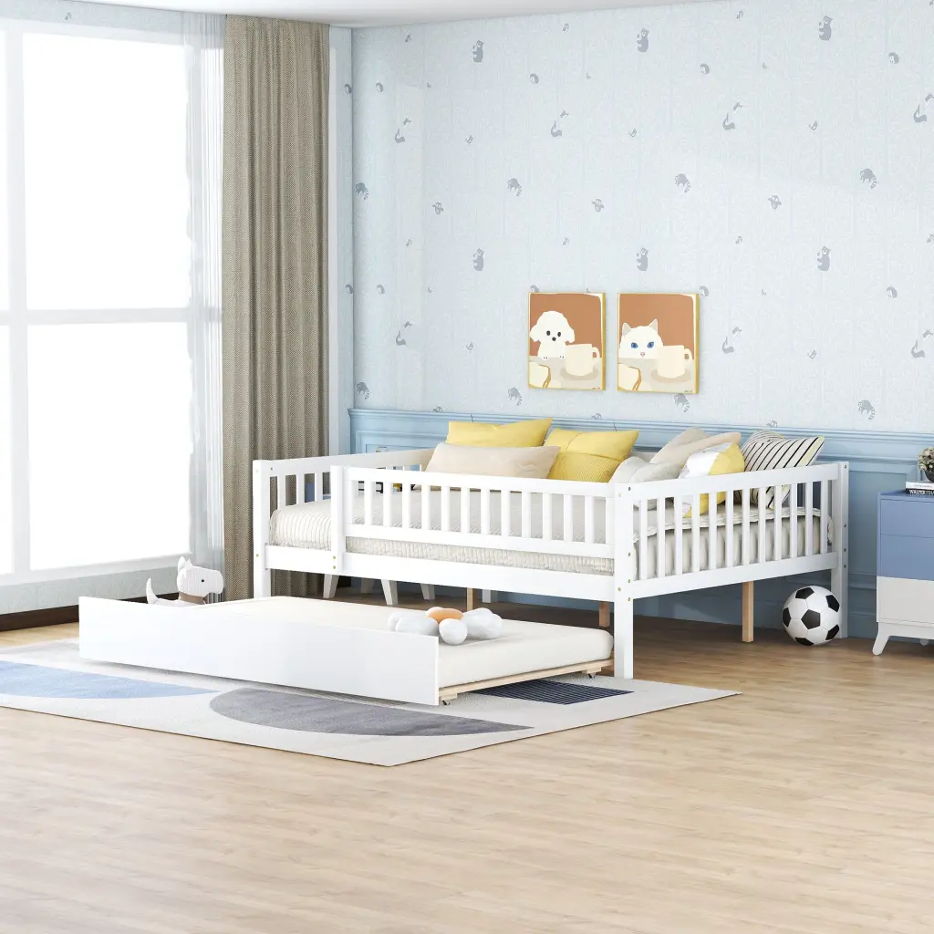 Full Size Wood Daybed Trundle And Fence Guardrails White Finish lucky furniture