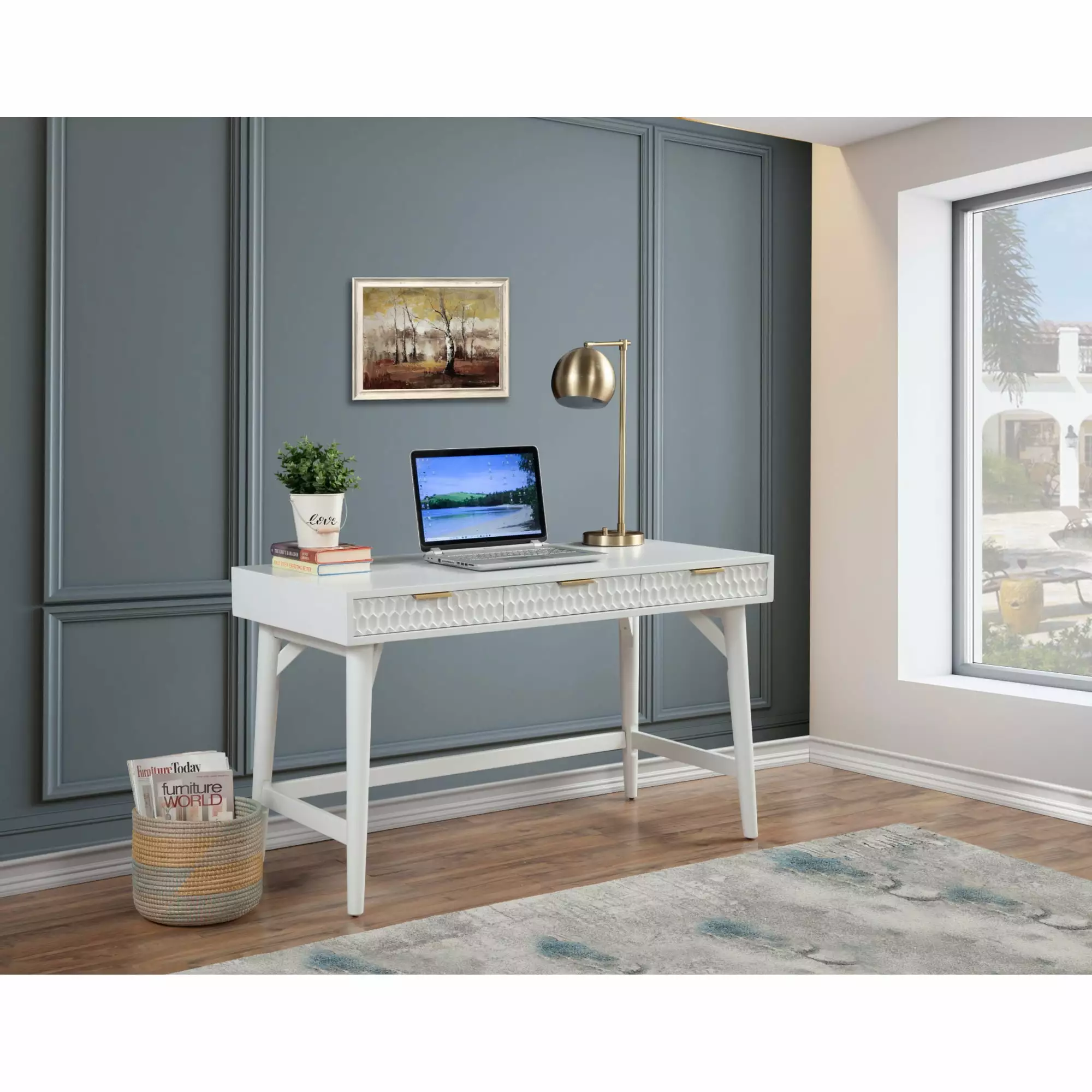 Origins Alpine White Pearl Large Wood Desk White Modern Office Desk