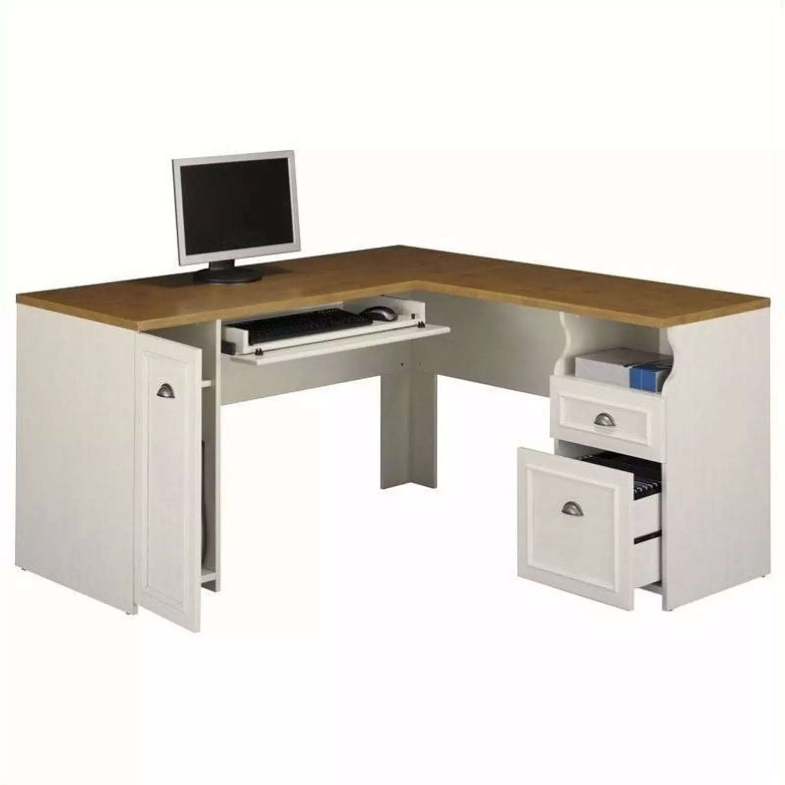 Pemberly Row L-Shape Wood Computer Desk Antique White and Tea Maple - Stylish Home Office Desk
