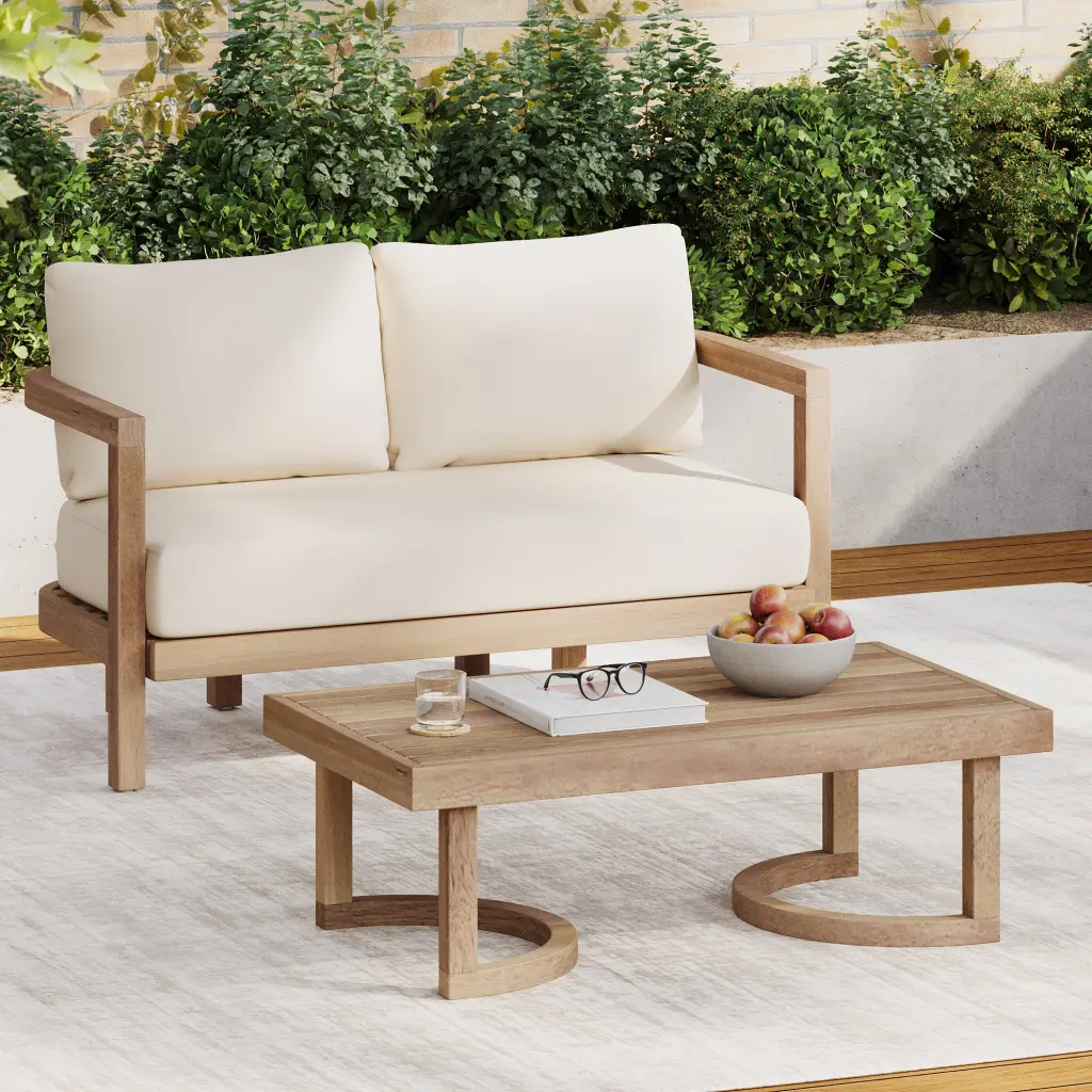 2 Person Outdoor Acacia Wood Patio Seating Group Cushions and Coffee Table nh-onfind