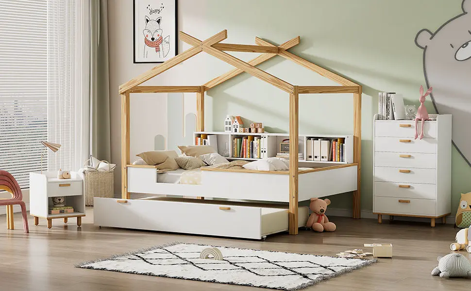 White Full Size Wooden Houtilize Bed Original Wood Colored Frame Twin Option bed best