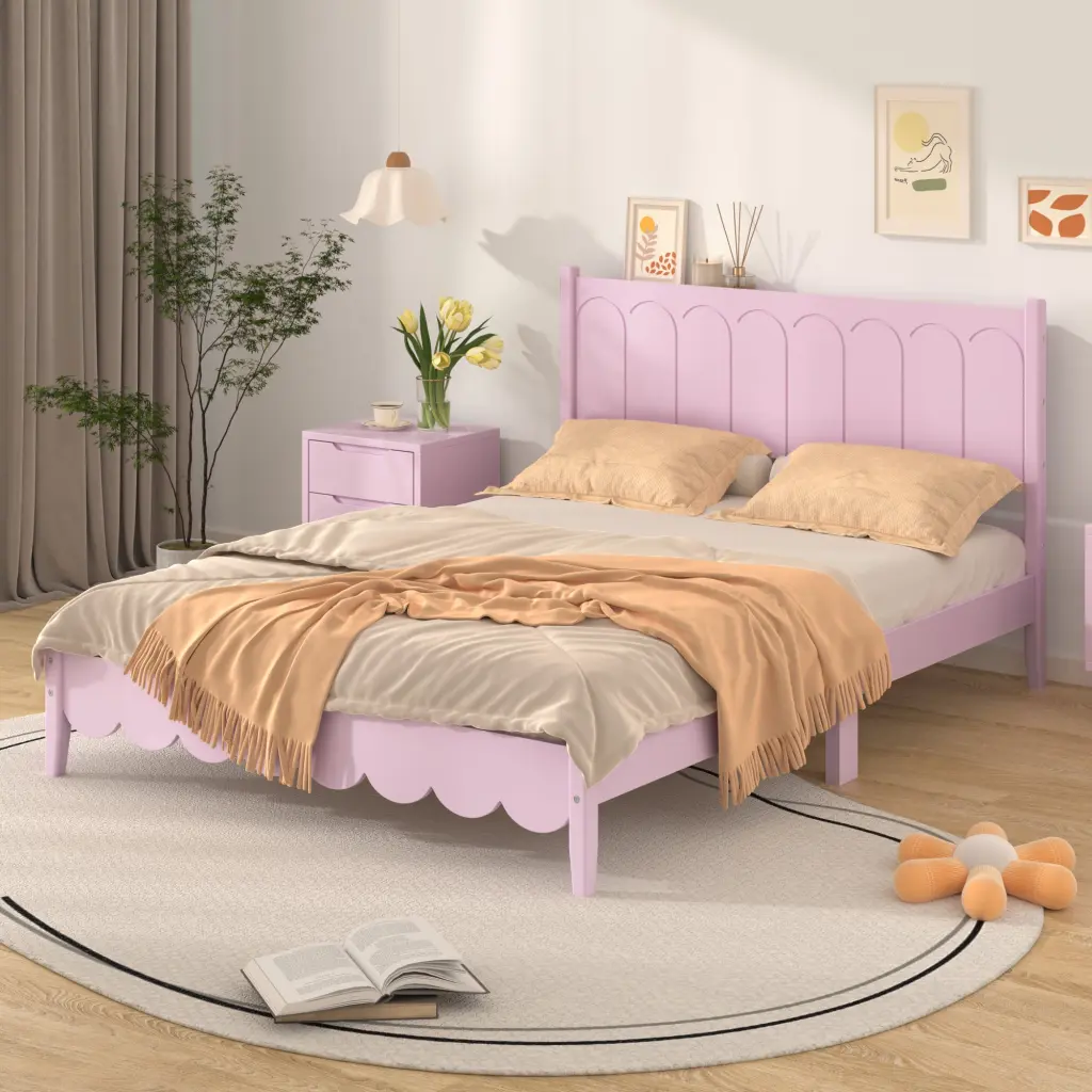 Full Size Wood Platform Bed Frame Retro Style Rectangular Headboard homey life