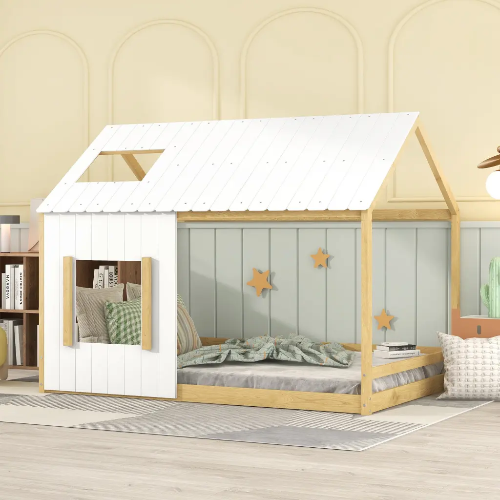 Full Size Houtilize Bed Roof And Window White Natural Wooden Bed Frame lucky furniture