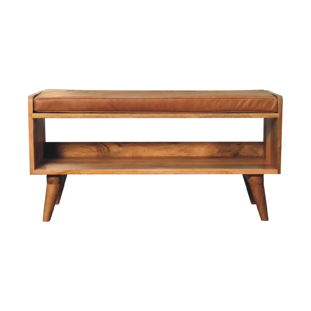 Oak Ish Bench Tan Leather Seatpad Oak Leather Solid Wood artisan furniture