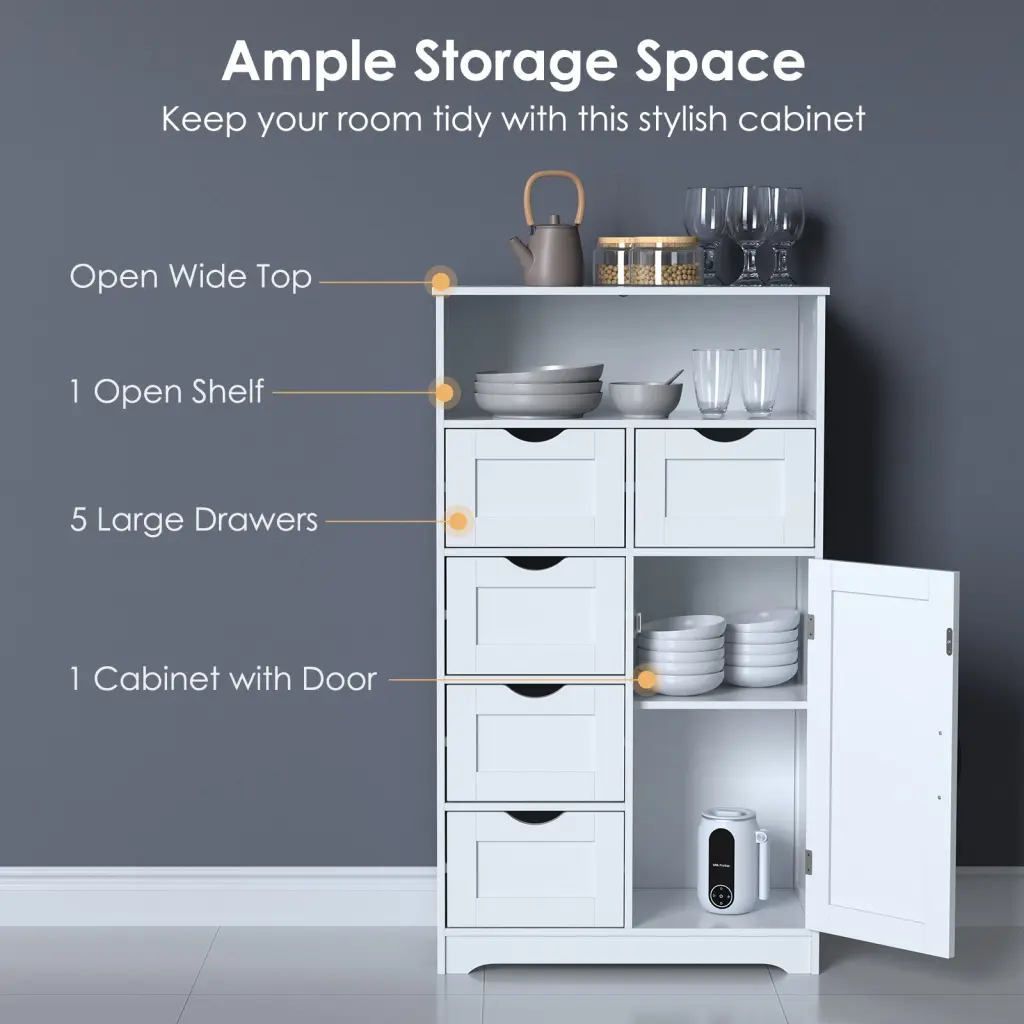 Modern White Wooden Storage Cabinet Five Drawers and One Door golden walnut