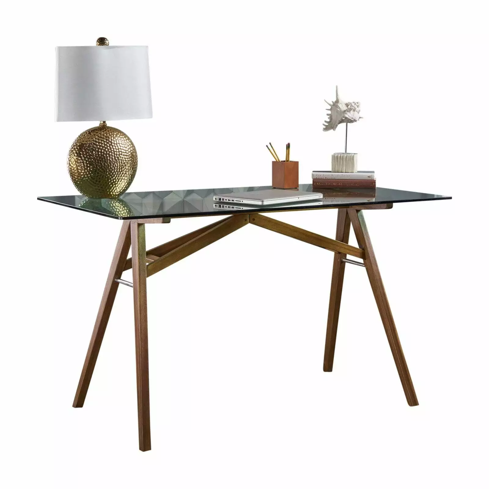 Camey Mid-Century Acacia Wood Desk Tempered Glass Top Modern Office Furniture Best Selling Home
