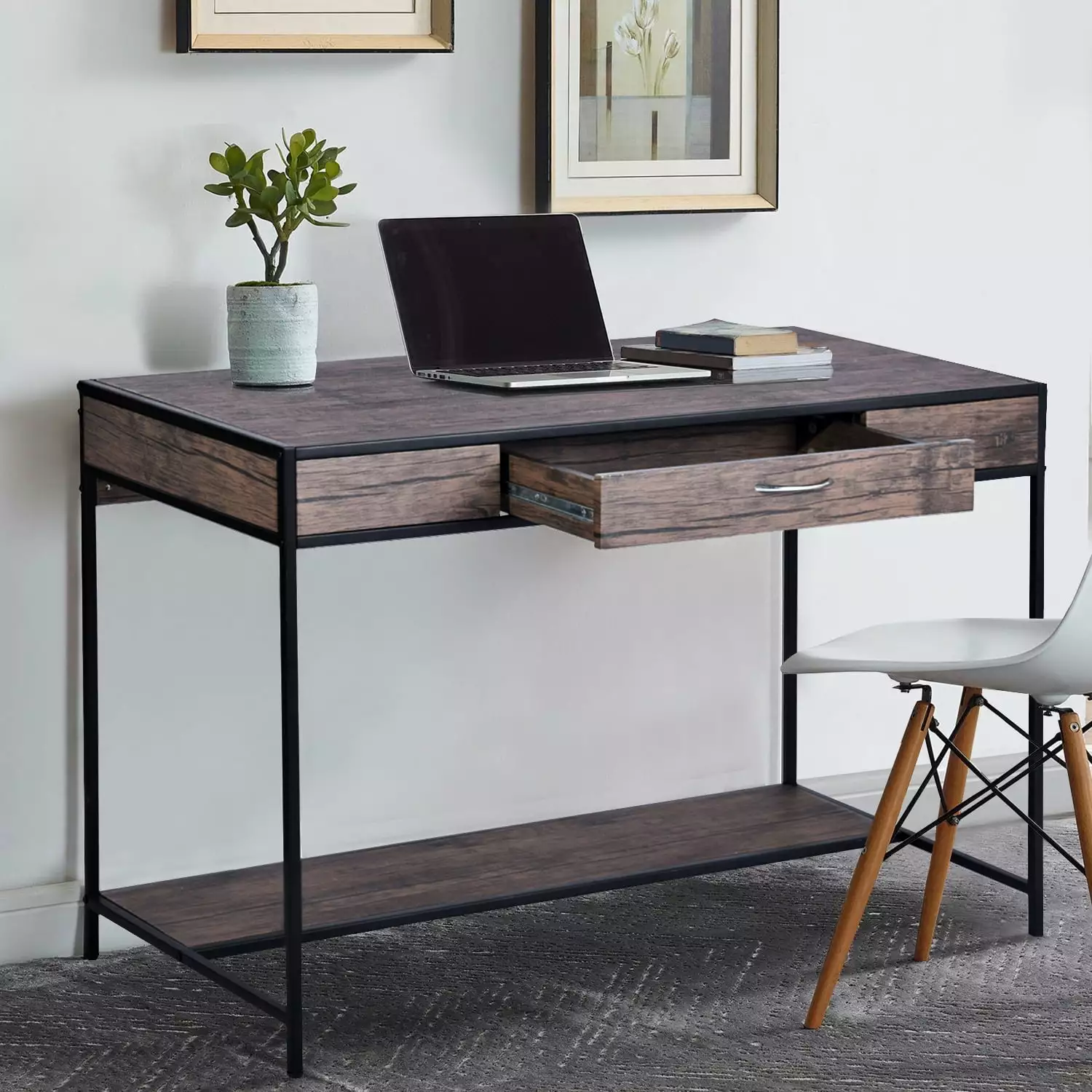 Rustic Computer Desk Drawer Industrial Style Metal Legs 48 Inch Wood Look Writing Desk Brown FurnitureR