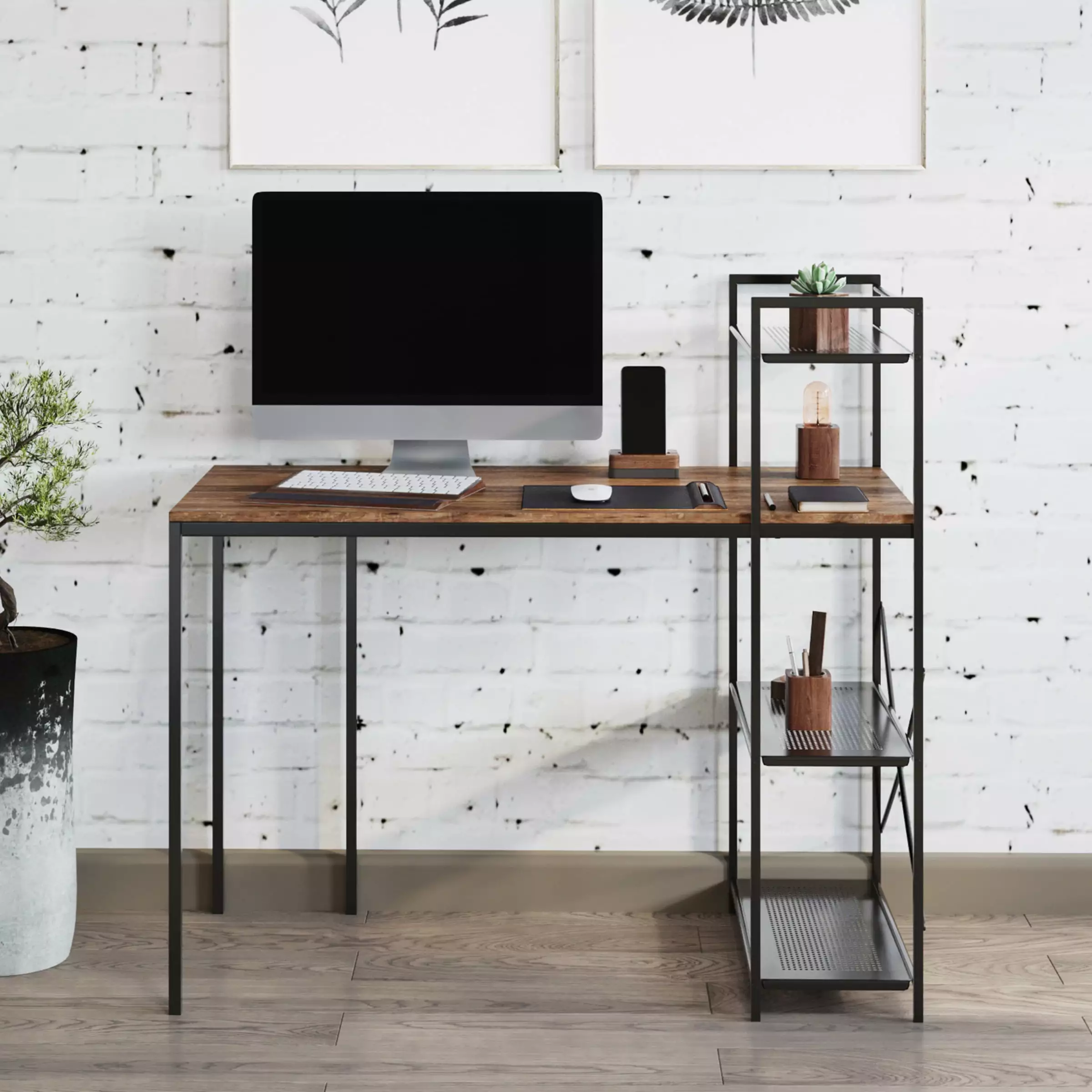 Lavish Home All--One Computer Desk Shelves Wooden Top and Metal Legs Brown Black