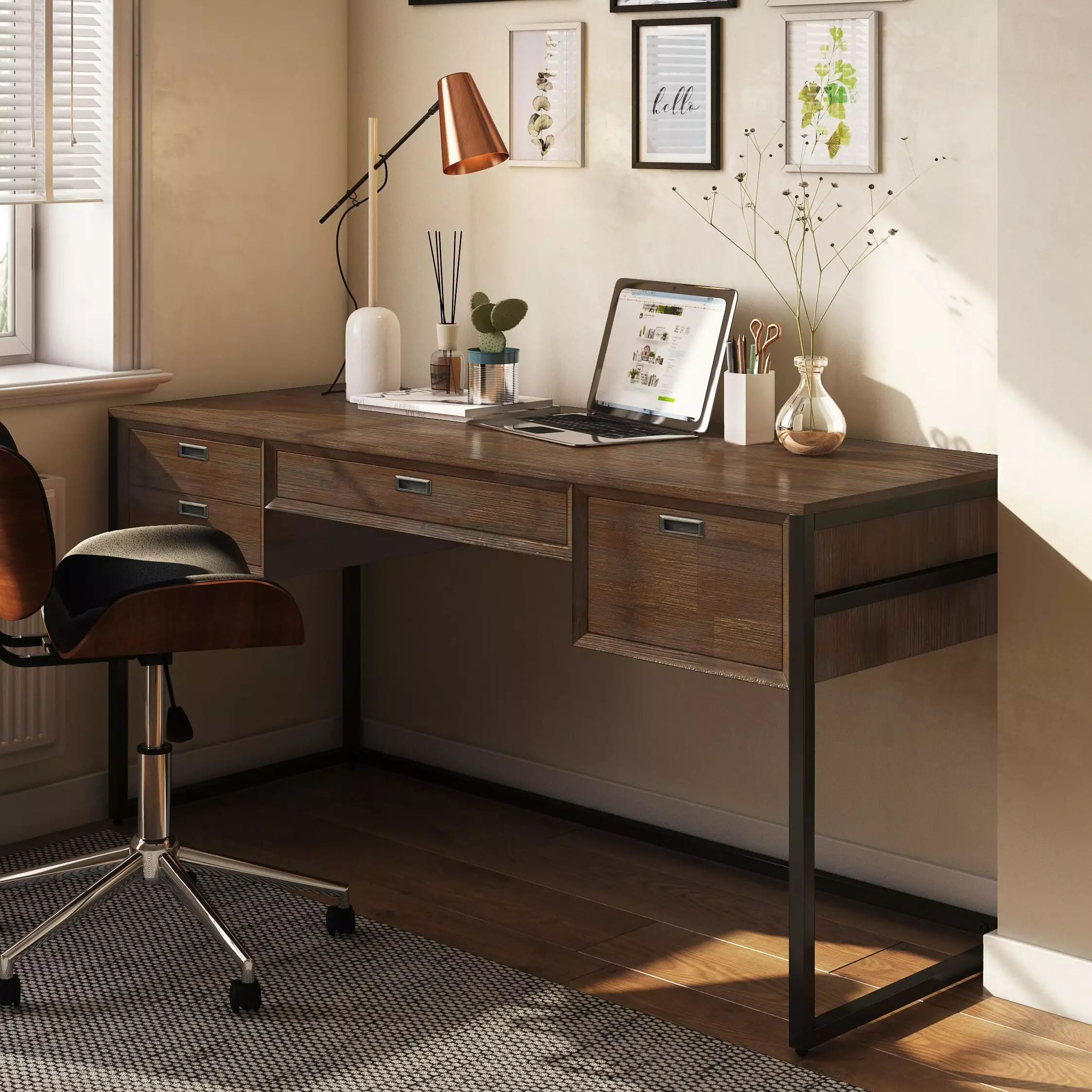 WyndenHall Brandt 60 Inch Solid Acacia Wood Modern Industrial Desk Rustic Natural Aged Brown Wynden Hall