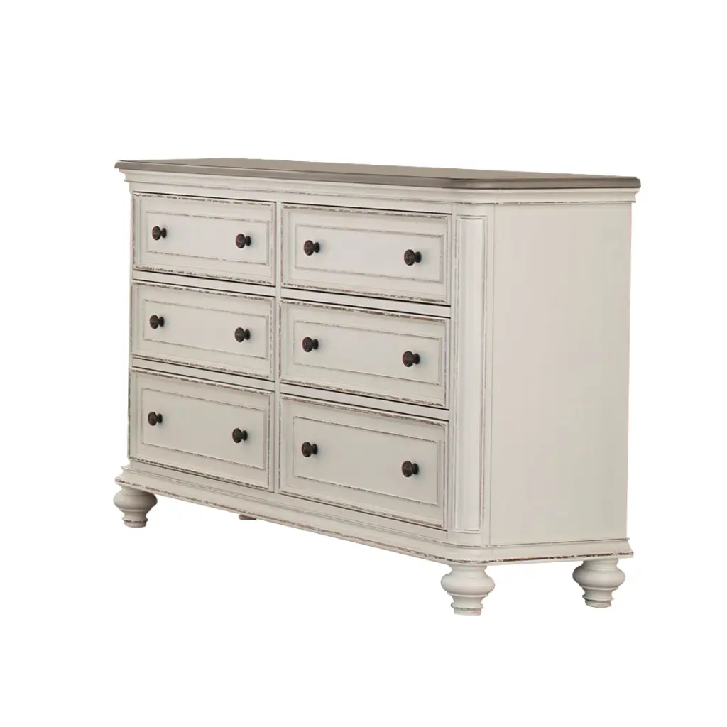 6 Drawer Wooden Dresser Distressed Specification Antique White And Brown royal hampton