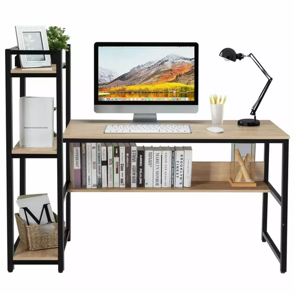 Barara King Home Office Desk Computer Study Writing Gaming Table Workstation 59-Inch 4-Tier Storage Shelves Natural