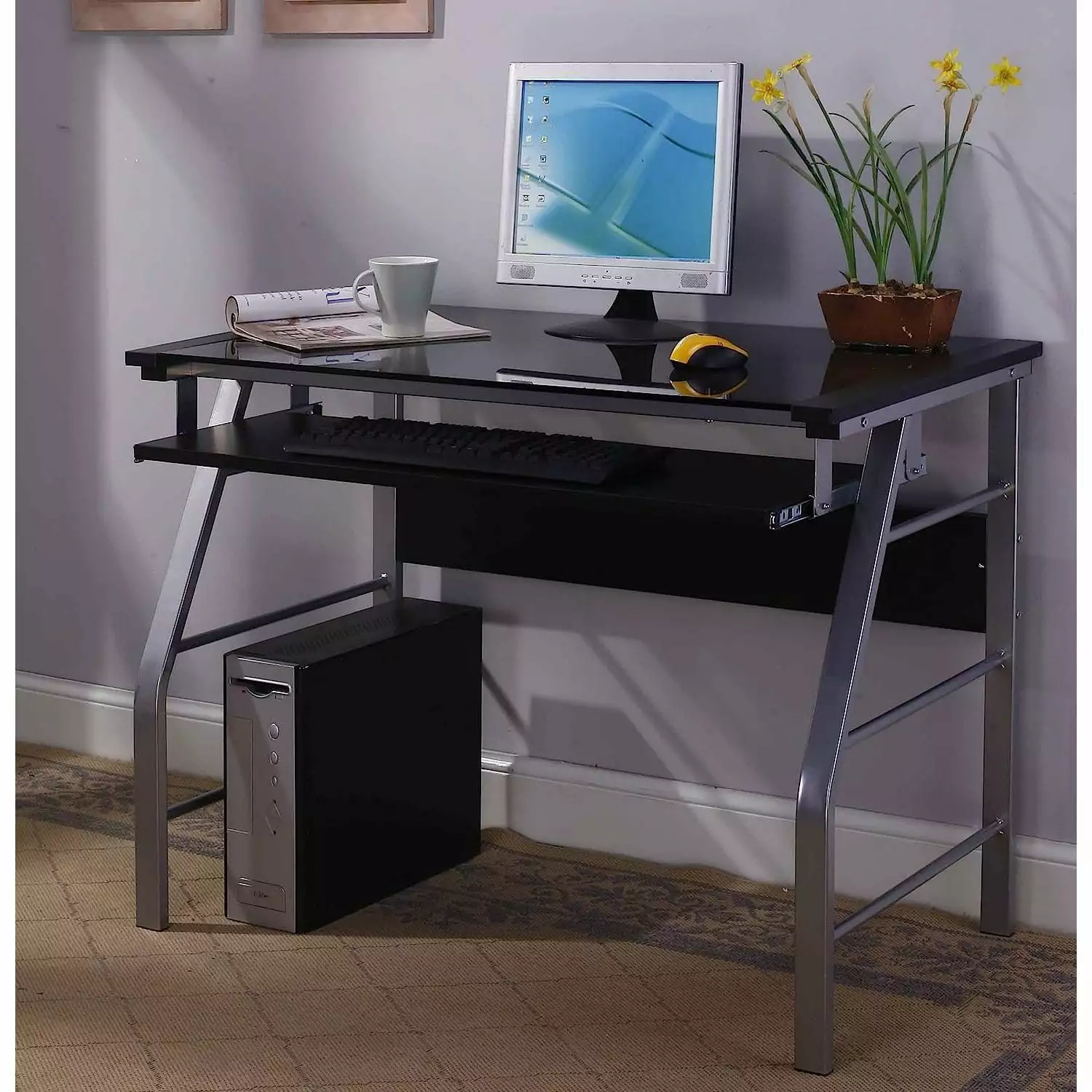 HElectQRIN Silver Glass and Metal Computer Workstation Desk Home Office