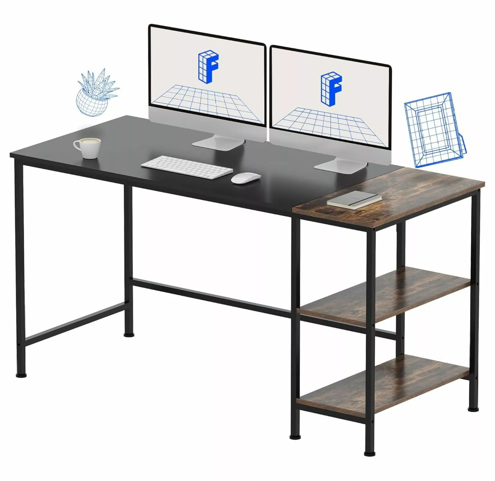 Killeryuki 55 Inch Computer Desk Reversible Storage Shelves Black and Rustic Home Office Workstation