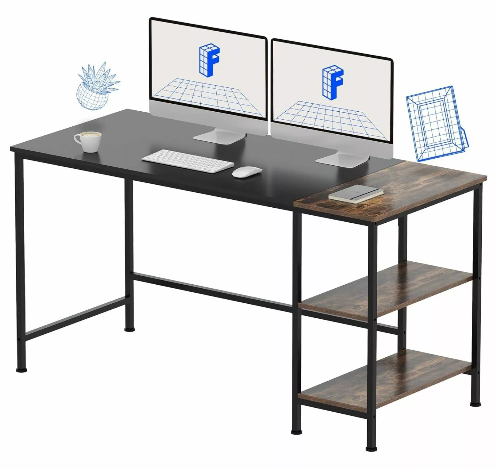 Killeryuki 55 Inch Computer Desk Reversible Storage Shelves Black and Rustic Home Office Workstation