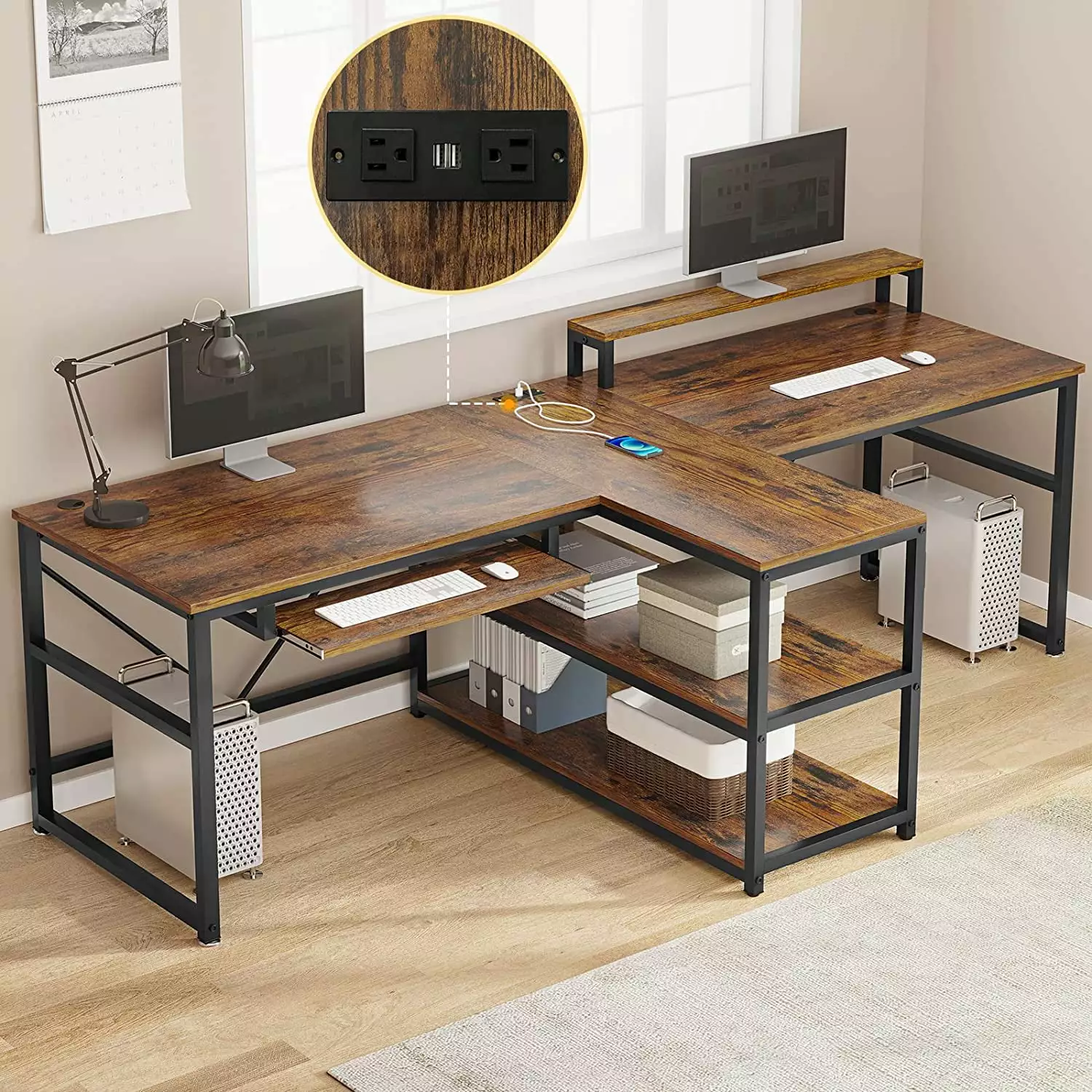 Two Person Desk Monitor Stand Power Strip USB Printer Shelf Double Workstation Desk Sedeta