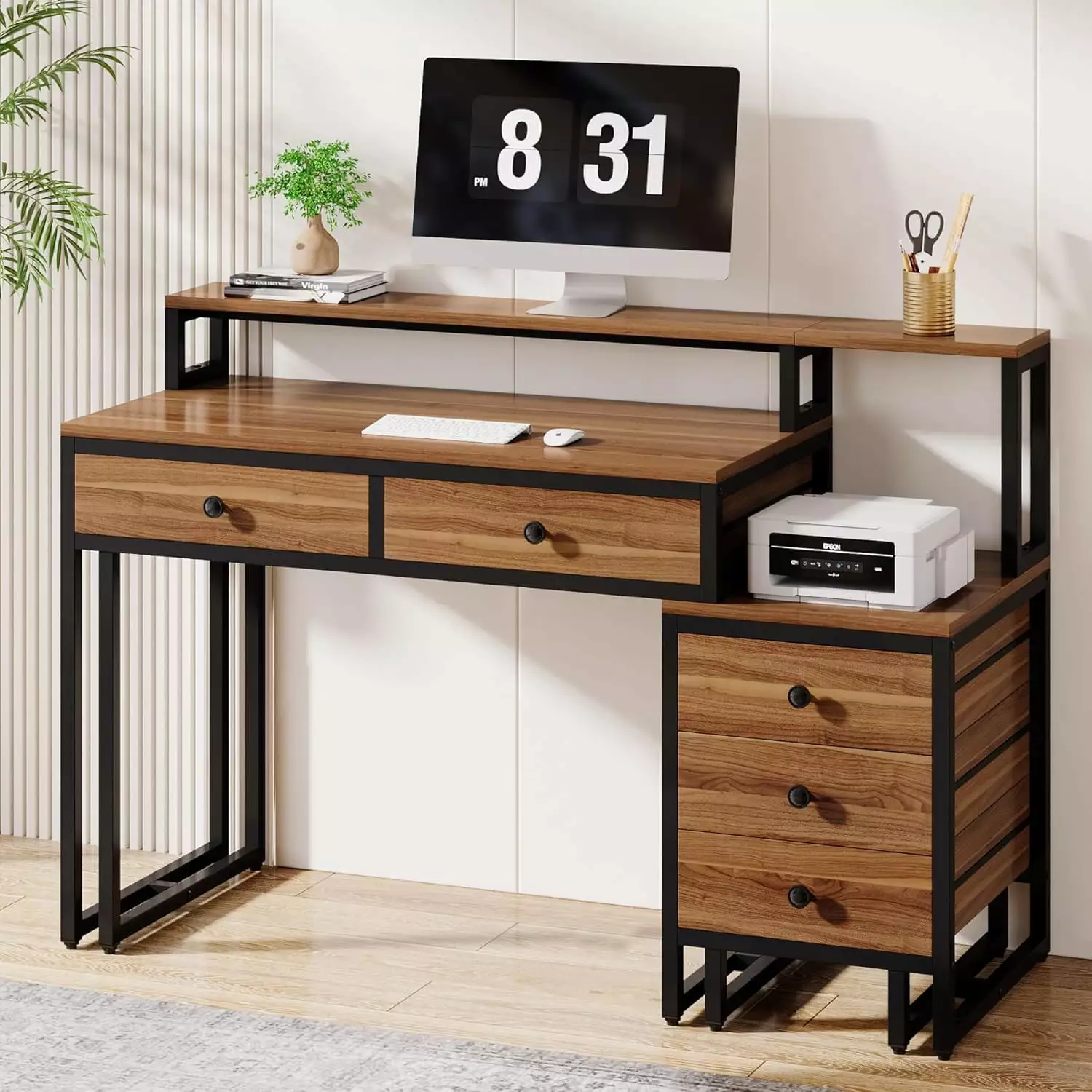 Tribesigns Industrial Light Walnut Office Desk 5 Drawers and Printer Stand